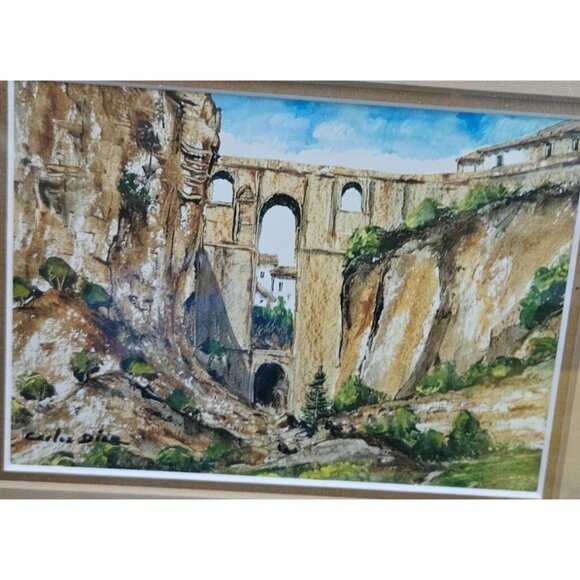 Print Carlos Diaz Original Watercolor Ronda Bridge Landscape Signed 12X11 Inches - Picture 2 of 8